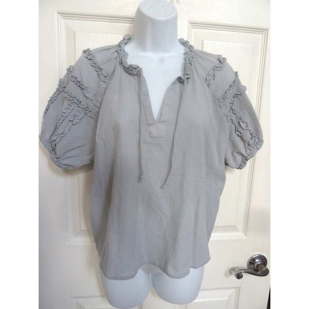 Grade & Gather Gray Puffed Sleeve Gauzy Cropped Blouse Peasant Ruffle Medium